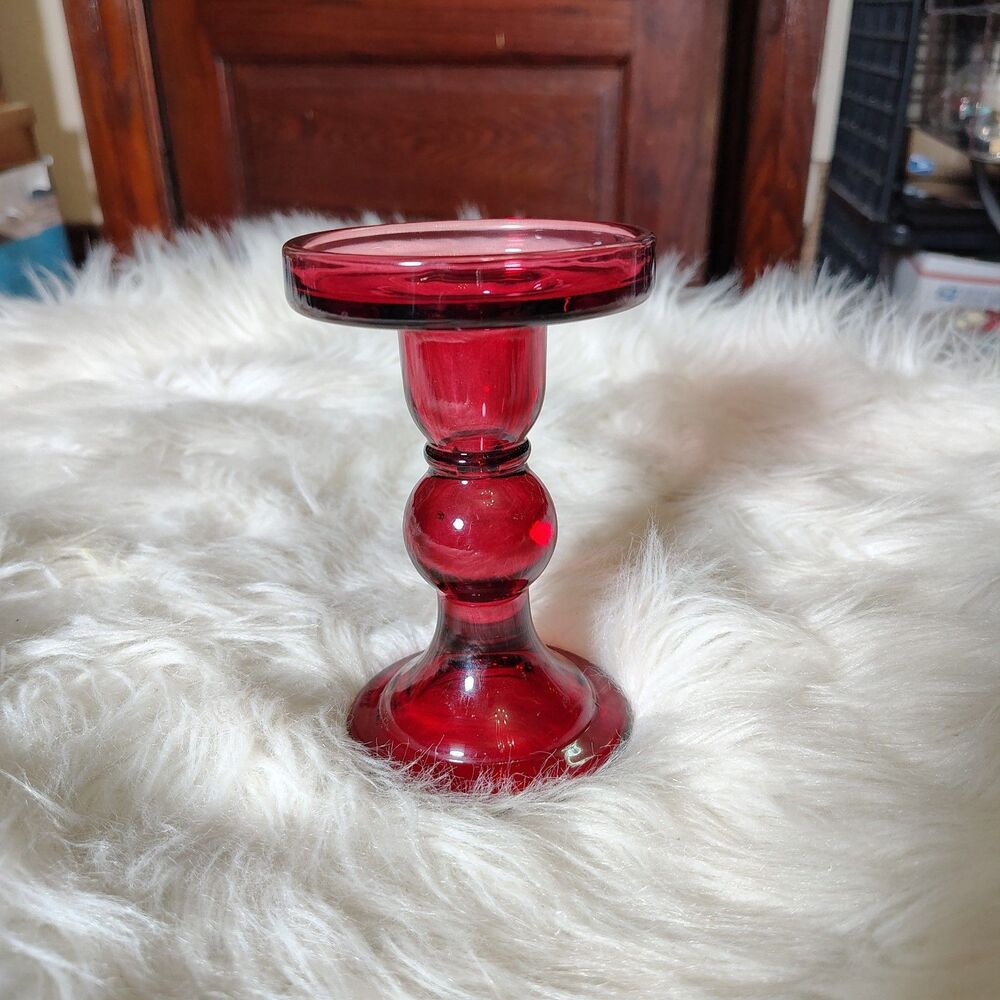 Ruby Red Glass Candlestick Honest W Classic Bulbous Middle Mode & Flared Base
